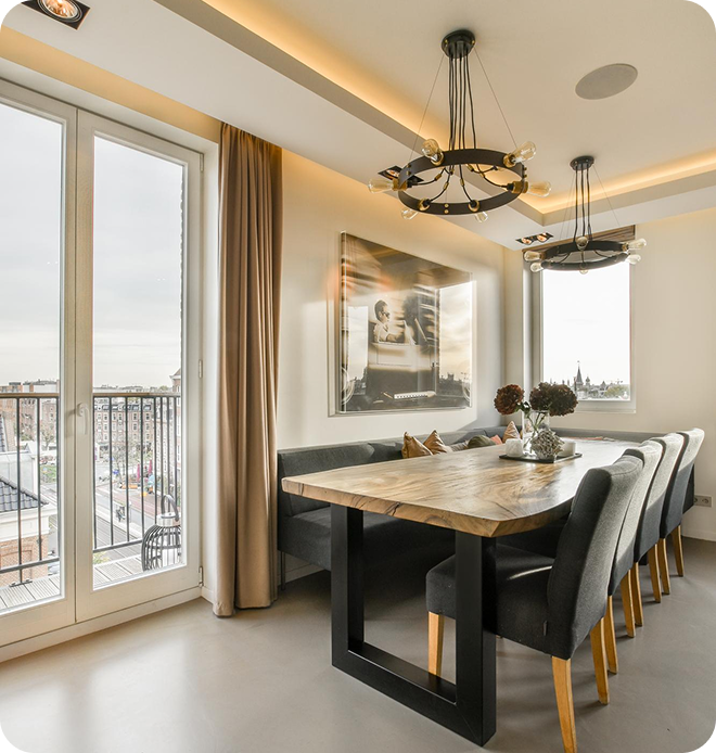 Beautiful dining room interior with large windows